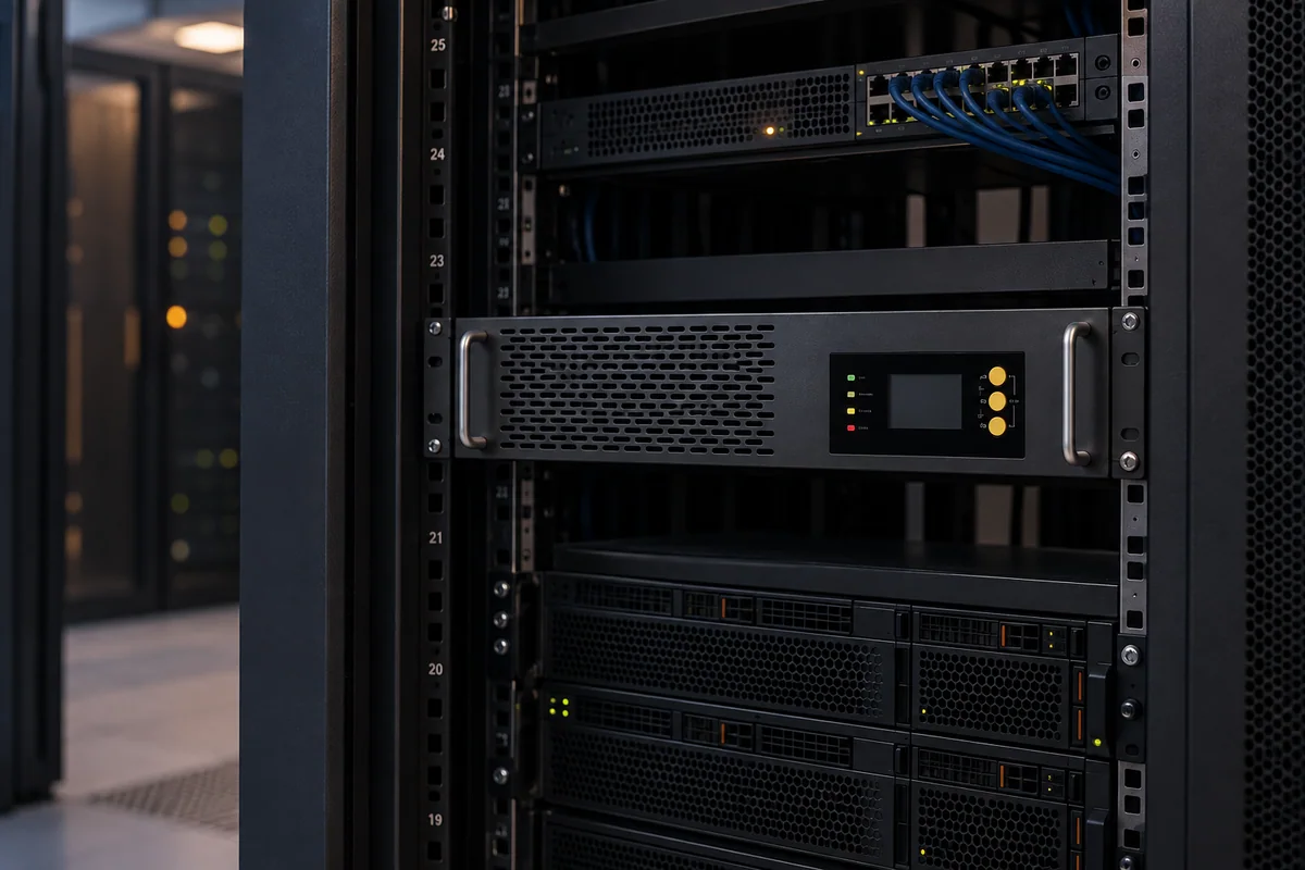 Representative rack-mount UPS scene inspired by Toyama catalog photography
